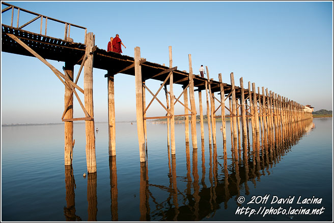 Two Monks Walking On U Bein Bridge - Amarapura, Myanmar (Burma)
