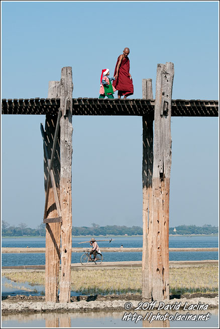 Monk And Child On U Bein Bridge - Amarapura, Myanmar (Burma)