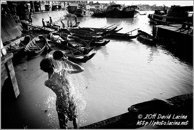Man In Harbour - Black And White, Myanmar (Burma)