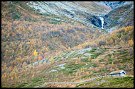 Hut By A Waterfall, Autumn In Hemsedal, Norway