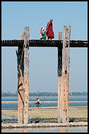 Monk And Child On U Bein Bridge, Amarapura, Myanmar (Burma)