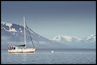 Mooring Sailboat In Adventfjorden, Svalbard, Norway
